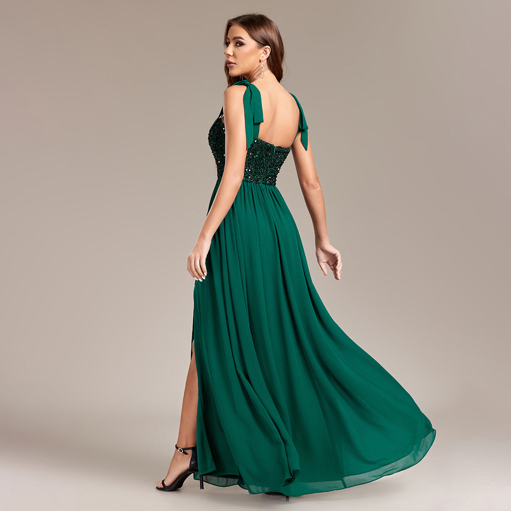 Sequined Stitching Chiffon High Slit Party Birthday Evening Gown Tied Strap Backless Prom a Swing Dress