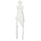 White Net Yarn Floral Ribbon Strapless Dress Blue Chiffon Dress