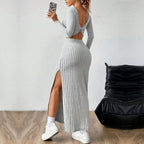 Simple Elegant Dress Square Collar Backless Long Sleeve Mid Length Dress