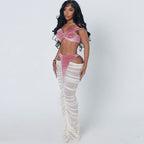Autumn Winter Sexy Tube Top High Waist Stitching See through Skirt Set