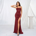 Solid Color Strapless Slit Bodycon Cocktail Dress