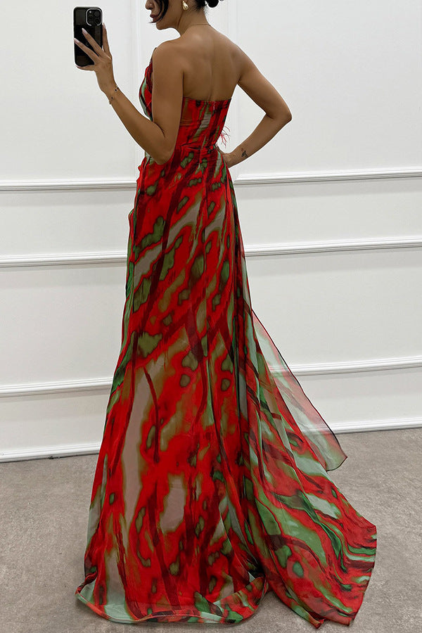 Fairy Watercolor Design Printed Feather Rose Details Off Shoulder Sexy Folded Open Skirt