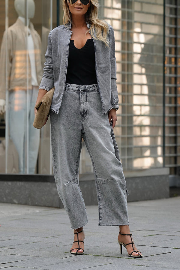 Casual Meetup Denim Stand Neck Long Sleeve Belted Loose Jacket