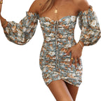 Precious Poppies Ruched Bell Sleeve Mini Dress