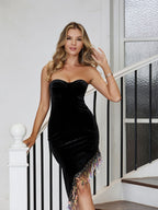 Gold Velvet Bandeau Slim Fit Short Hem Beveled Sequined Tassel Party Evening Dress