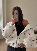 Cherry Mood - Oversized Zip-Up Hoodie with Puff Sleeves