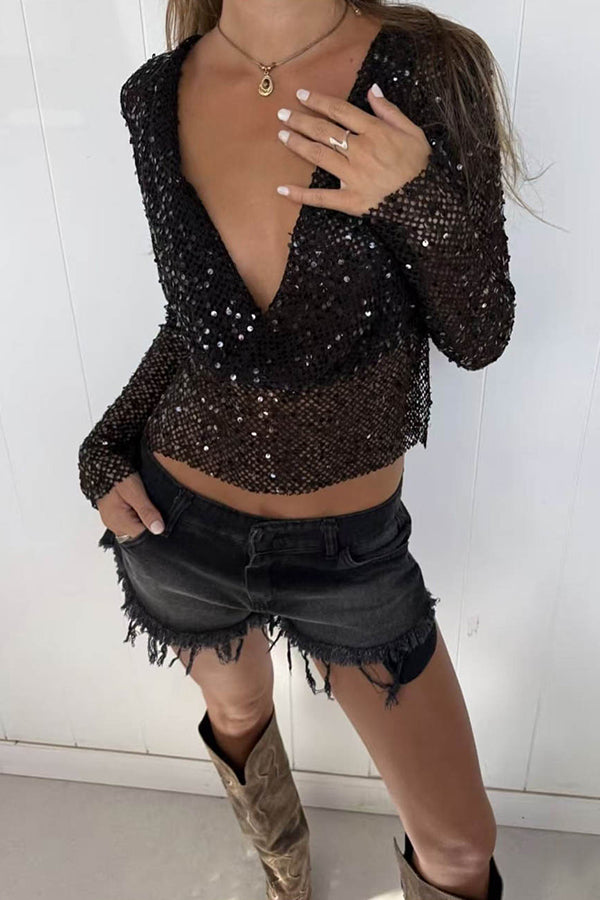 Fashionable Sequined Fishnet Casual Long-sleeved Top