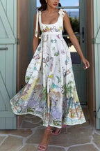 Euro Summer View Linen Blend Unique Print Tie-up Straps Pocket Midi Dress