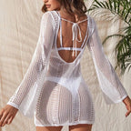 Attractive Knitted Cutout V Neck Tie Back Long Sleeve Sun Cover Up