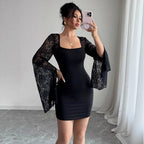Autumn Bell Sleeve Split Solid Color Lace Stitching Square Collar Hip Bag Dress