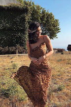 Leopard Spaghetti Strap Cowl Neck Chiffon Slip Maxi Dress - Coffee