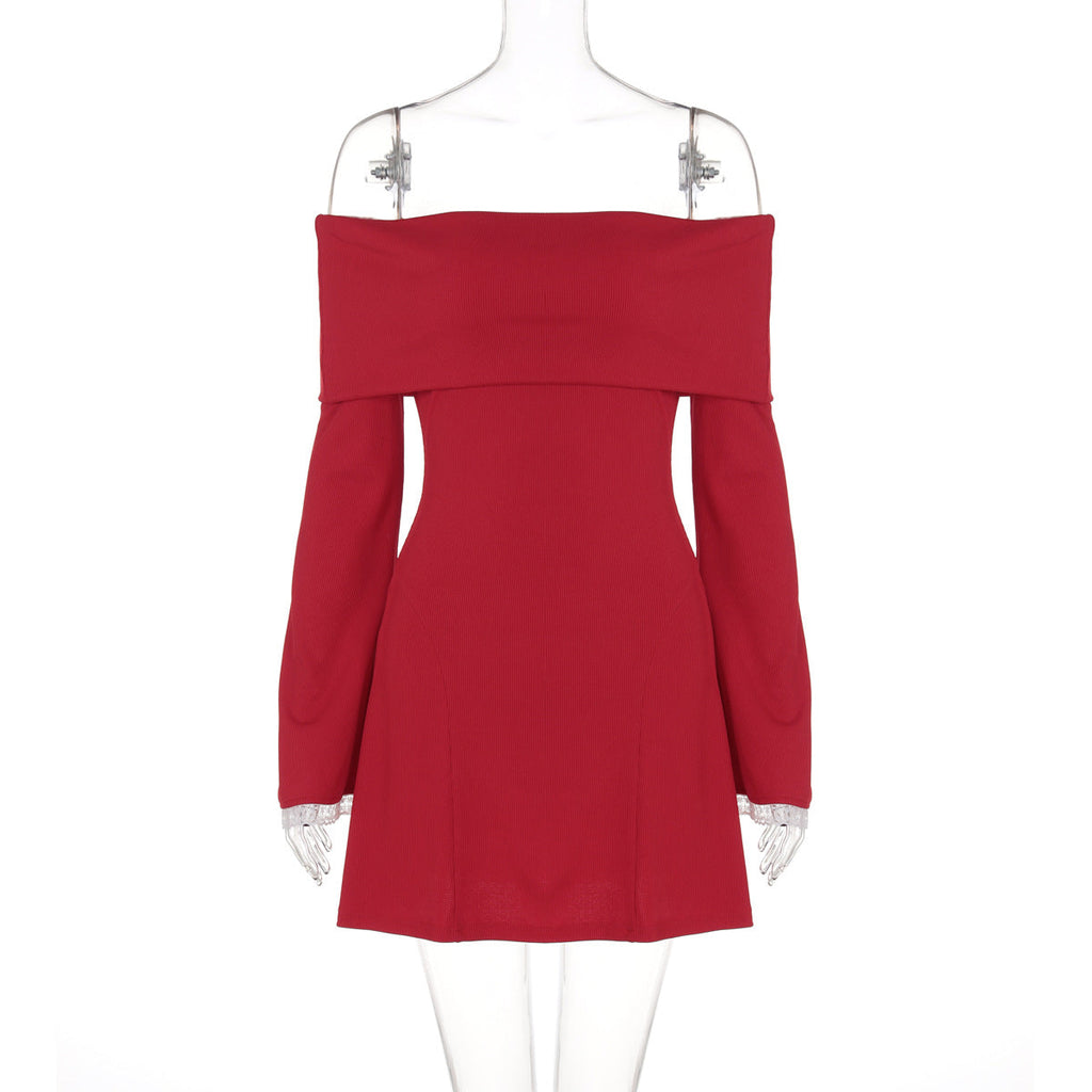 off Shoulder Horn Long Sleeve Short Dress Lace Slim Fit Dress