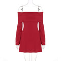 off Shoulder Horn Long Sleeve Short Dress Lace Slim Fit Dress