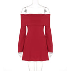 off Shoulder Horn Long Sleeve Short Dress Lace Slim Fit Dress