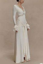 Fashion Lace Splicing Sexy V-neck Long-sleeved Slim Maxi Dress