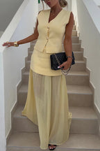 Stylish and Elegant Knit Spliced Tulle Elastic Waist Pleated Maxi Skirt
