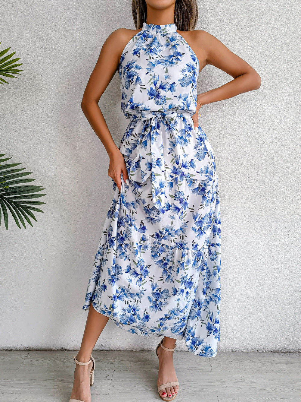 Sure Thing Floral Chiffon Halter Maxi Dress Blue FINAL