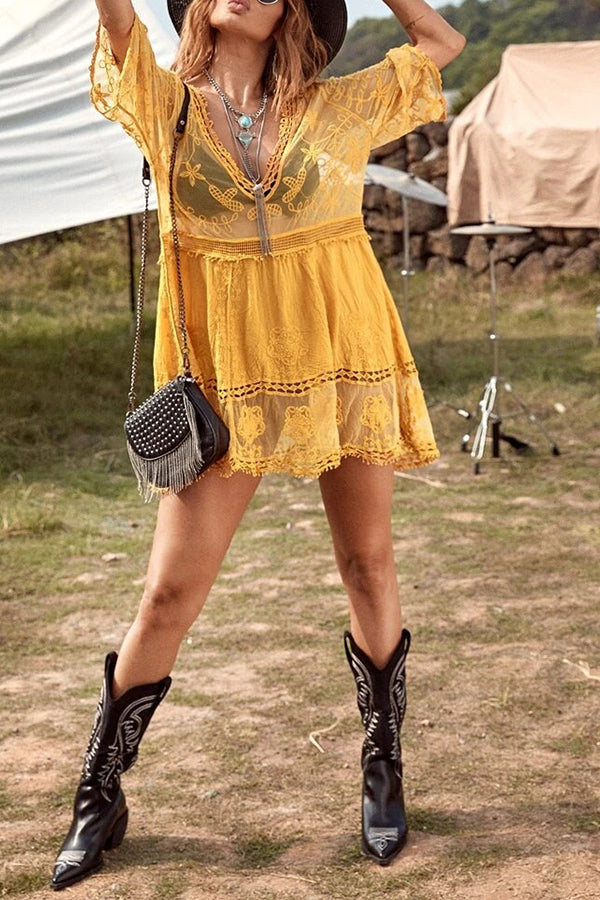 Lace V Neck Hollow Short Sleeved Cover Up