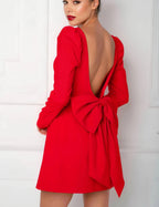 Women's party dress fluffy shoulder long sleeved back bow detail mini dress