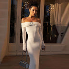 Tube Top Off Neck Back Slit Solid Color Mid Length Dress