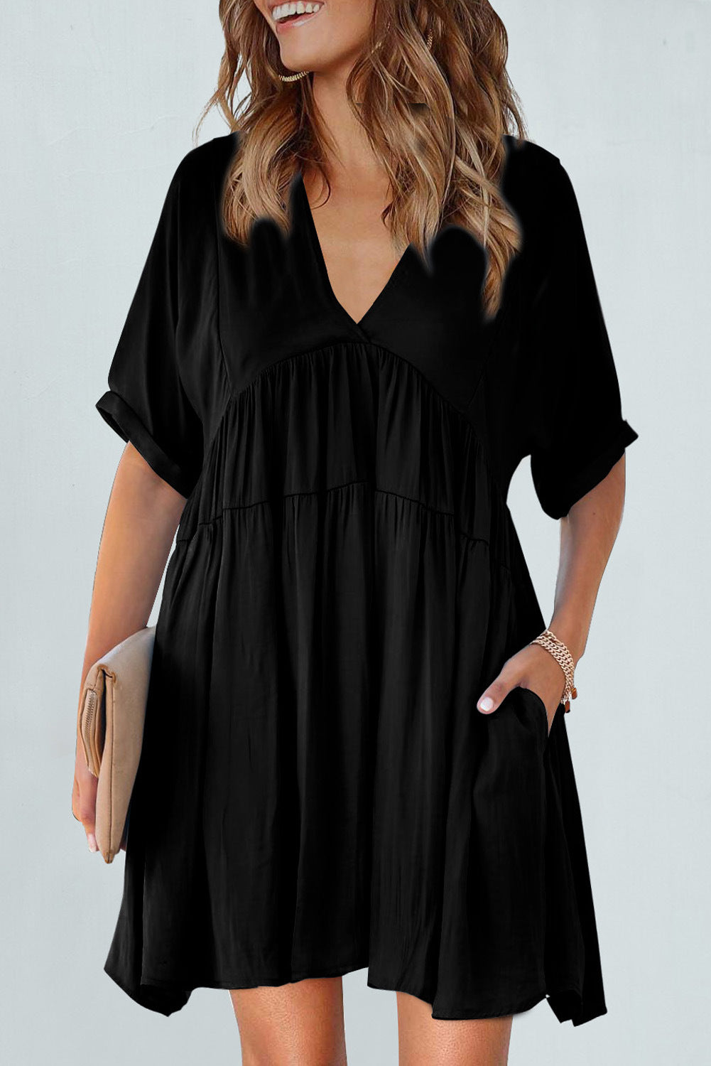 Oatland Cotton Pocketed Babydoll Dress Washed Black
