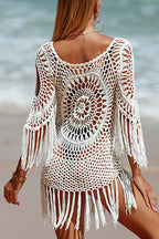 Unique Pattern Knitted Cutout Crew Neck Short Sleeved Cover Up