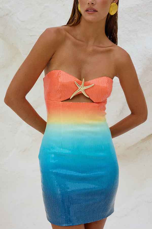 Gradient Sequin Sexy Off-the-shoulder Hollow Slim Mini Dress