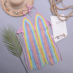 Hand Crocheting Multicolored Tassel Vacation Beach Strap Backless Top Split Women Swimsuit