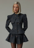 EmbroideRed Puff Sleeve Jacket and Skirt Set