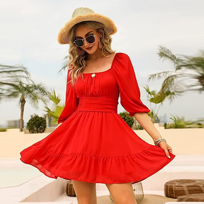 Blythe Gathered Puff Sleeve Dress Red