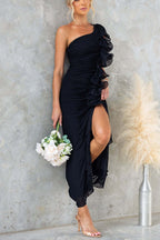 Fashion One-shoulder Pleated Sexy High Slit Slim Dress