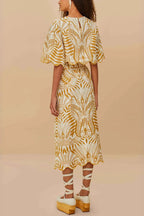 Korra Linen Blend Unique Print Wave Trim Bell Sleeve Top and Elastic Waist Pocket Midi Skirt Set