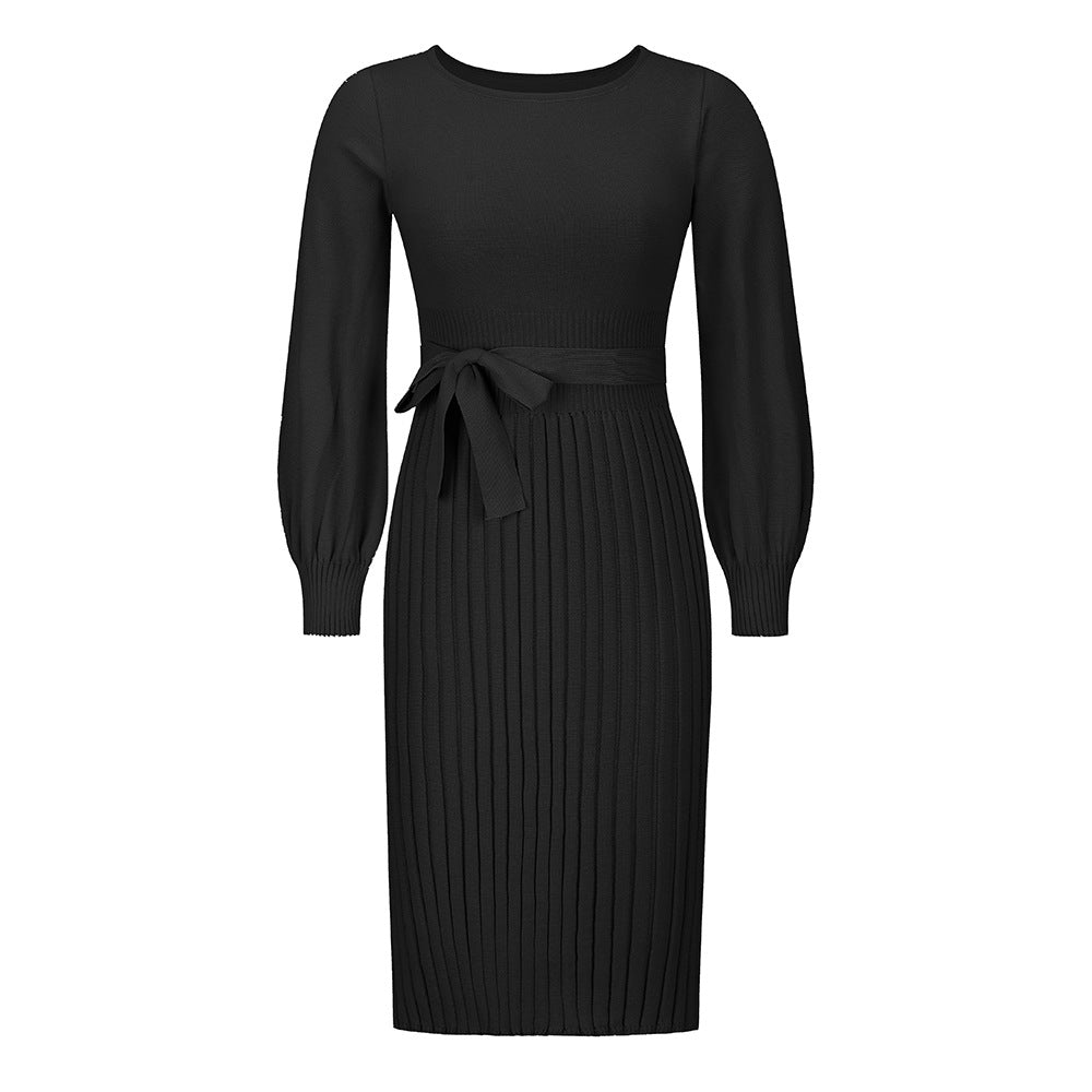 Knitting Dress Slim - Fit Pleated Mid - Length Bottoming Sweater