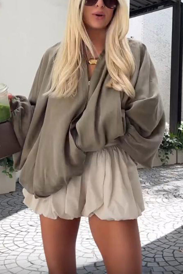 Fashion Lapel Loose Puff Long Sleeve Casual Zipper Jacket
