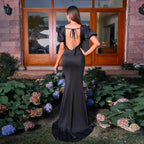 Short Sleeved Elegant Black V neck Waist Slit Backless Lace up Dress Evening Dress