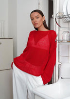 Sheer Red Knit Sweater - Bold and Breezy