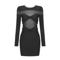 Bow Mesh Rhinestone Strip Dress Black Long Sleeve Semi Transparent