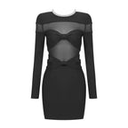 Bow Mesh Rhinestone Strip Dress Black Long Sleeve Semi Transparent