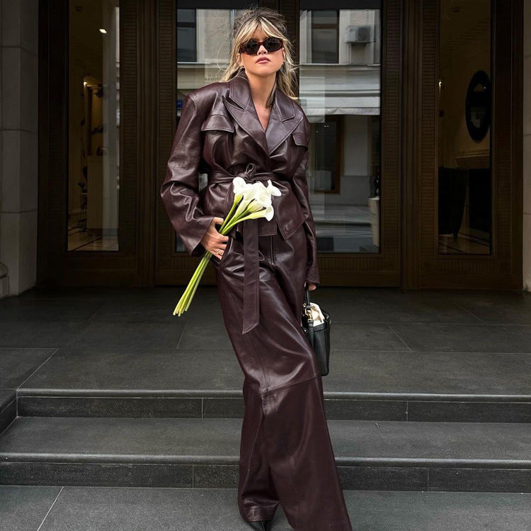 Fashionable Brown Leather Suit Set