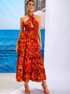 Plum Floral Backless Halter Mini Dress