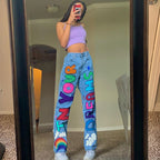 High Waist Print Graffiti Jeans