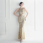 Craft Beaded Positioning Floral Sequin Star Wedding Prom Maxi Dress