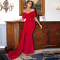Elegant Red Satin off the Neck Elegant Lady Short Sleeve Long Pattern High Grade Chest Wrapped Evening Dress