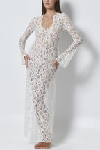Women's Lace Lace White Lucky Flower Dress Long, Long Sleeve Sheer Tie INS Loose Holiday Split Dresses