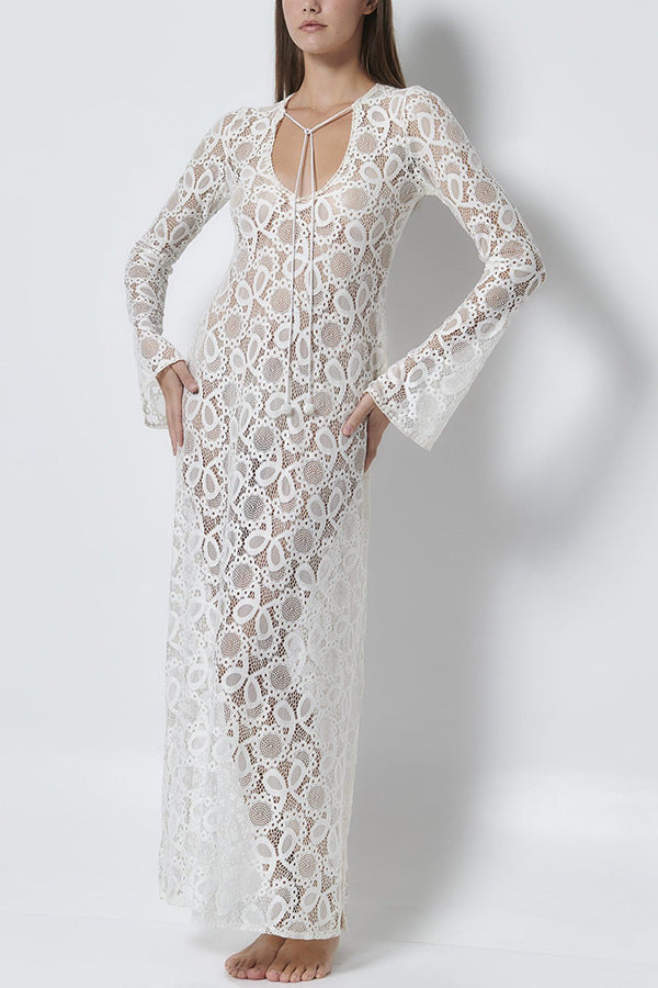 Women's Lace Lace White Lucky Flower Dress Long, Long Sleeve Sheer Tie INS Loose Holiday Split Dresses