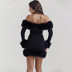 Black Plush Long Sleeve off Shoulder Dress Fur Backless Hip