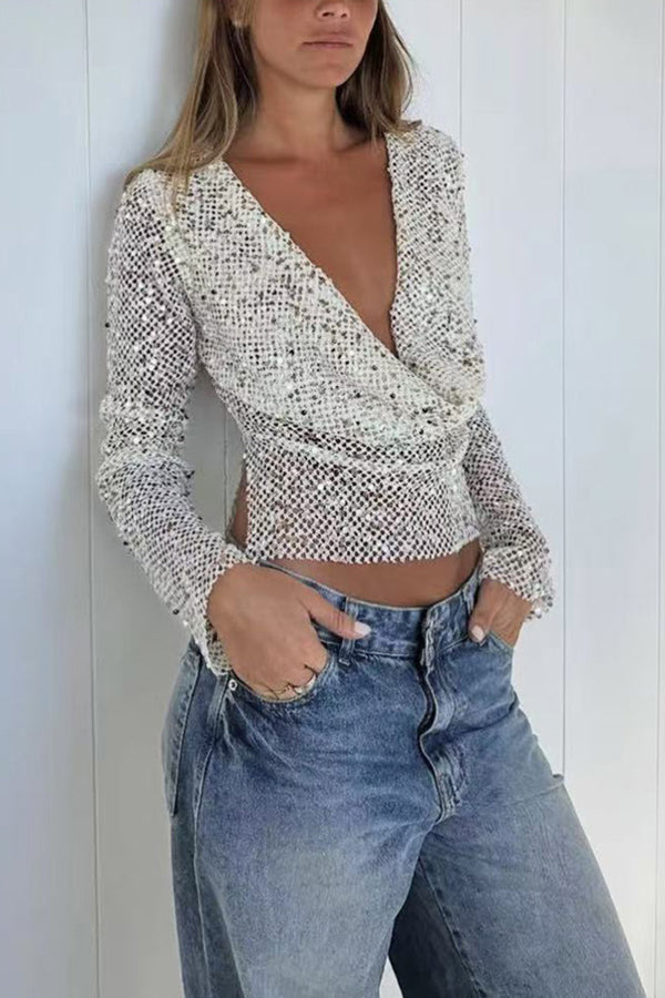 Fashionable Sequined Fishnet Casual Long-sleeved Top
