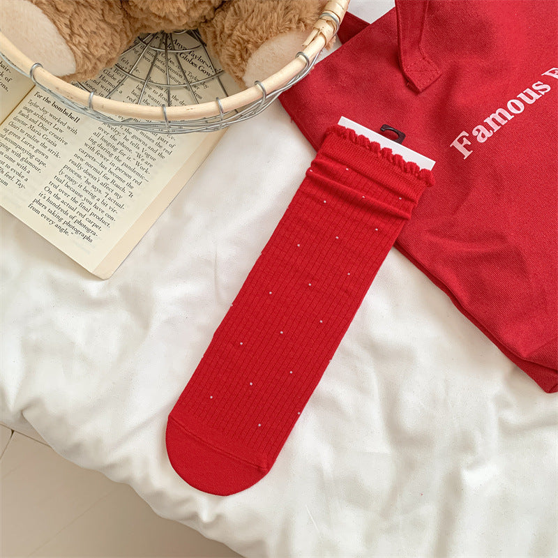 Slouchy Red Combed Cotton Mid Calf Chic Socks