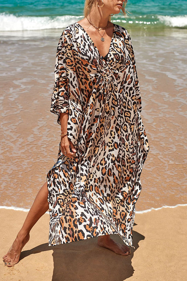 Simple Unique Printed Pleated Front Slit Cover Up