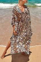 Simple Unique Printed Pleated Front Slit Cover Up